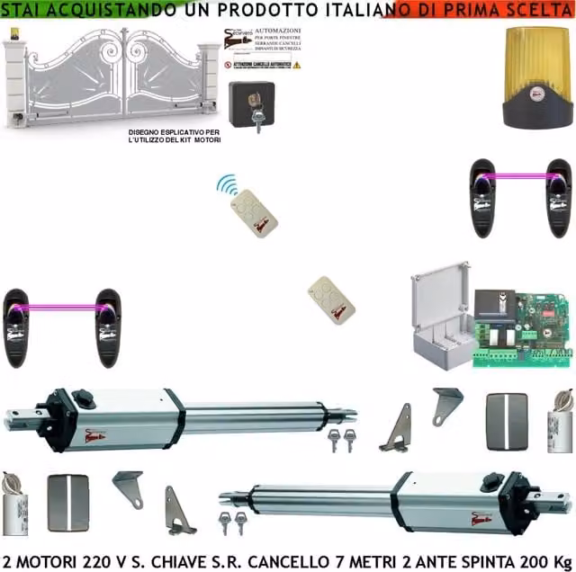 Automatismo per Cancello da 7 Metri 2 Ante da 3,5 MT Kit Base 2 Motori Elettromeccanici 230 V Stelo Retrattile Sblocco a Chiave Corsa 600 mm Spinta 250 Kg Centrale 2 Radiocomandi 2 Coppie Fotocellule