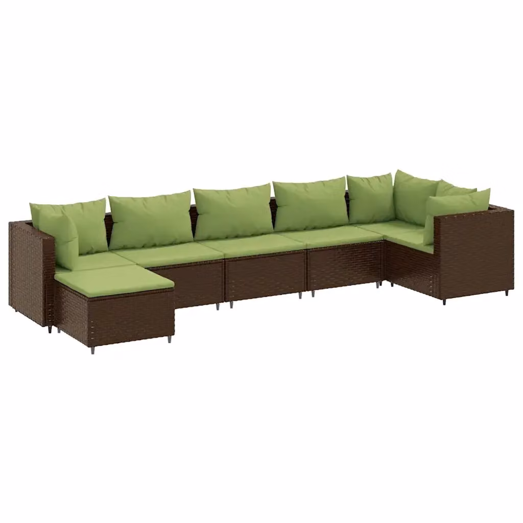 vidaXL Set Divani da Giardino 7 pz a Forma a L con Cuscini in Polyrattan e Struttura in Acciaio Marrone e Verde – 2