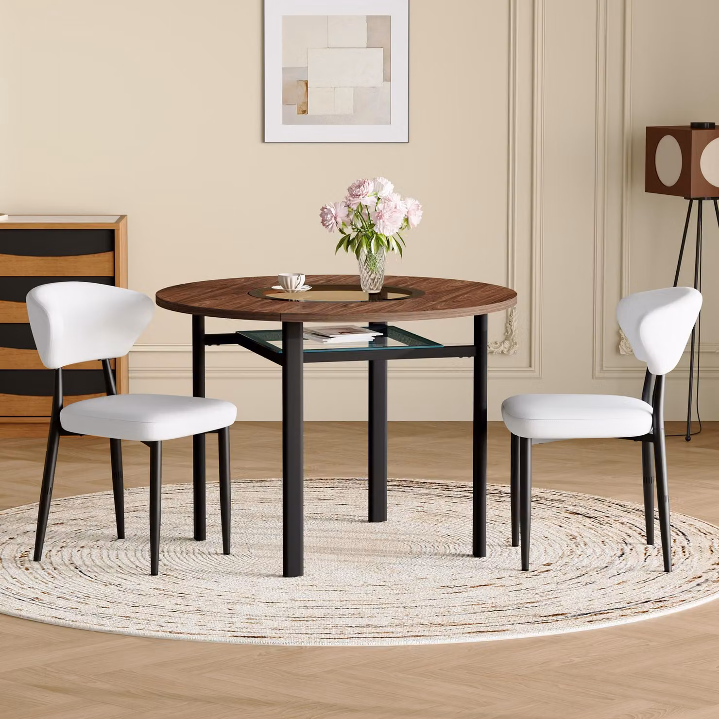 Set da tavolo rotondo STILVORA composto da 2 poltrone bianche inPoliuretanocon schienale ricurvo, sedie da pranzo inPoliuretanocon diametro di 100 cm effetto legno, adatte a un tavolo da pranzo rotondo per sala da pranzo e cucina