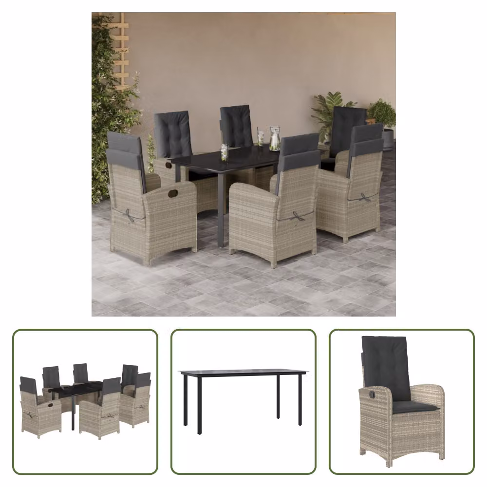 The Living Store Set da pranzo da giardino 7 pezzi con cuscini in poly rattan grigio chiaro