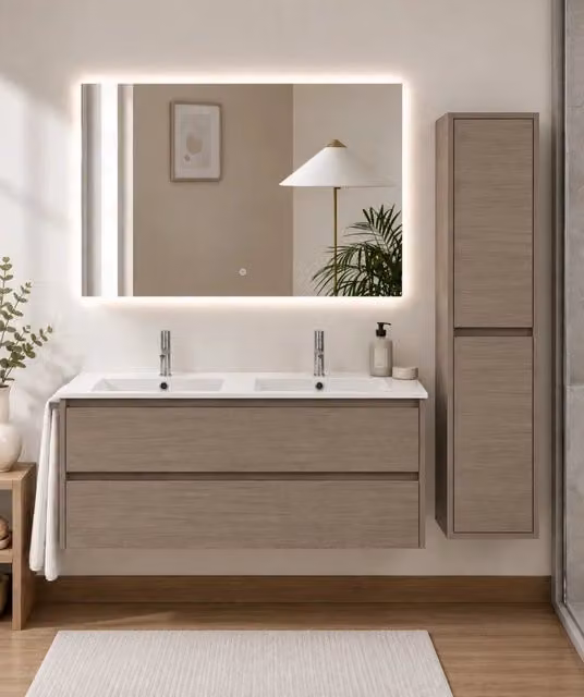 Mobile bagno con lavabo ORIGENBATH IBIZA senza specchio 120x45 cm doppio lavabo rovere smoky con colonna