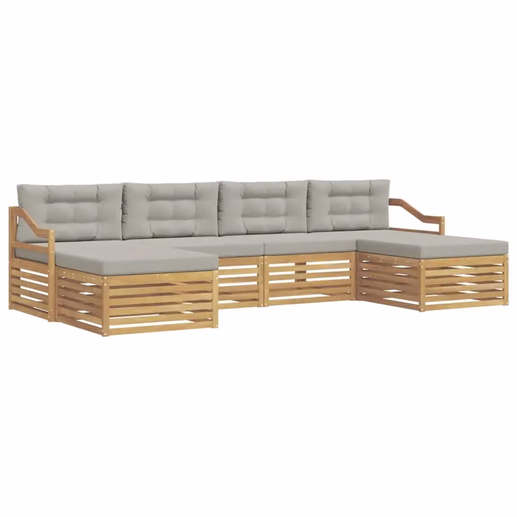 Set di divani da esterno a L vidaXL in legno di acacia con pouf e cuscini, Bianco e Grigio – 2