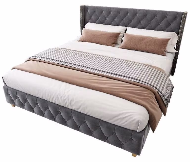 Letto imbottito 160x200 cm, grigio, in velluto, con rete a listelli e testiera, capitonné con bottoni e gambe in legno, ideale per la camera da letto