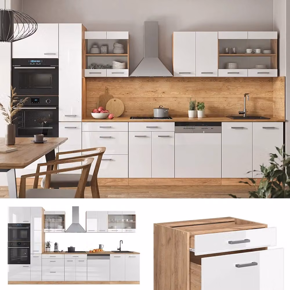 Cucina componibile moderna Vicco R-Line Bianco lucido e Rovere dorato con armadio alto, larghezza: 350 cm – 2