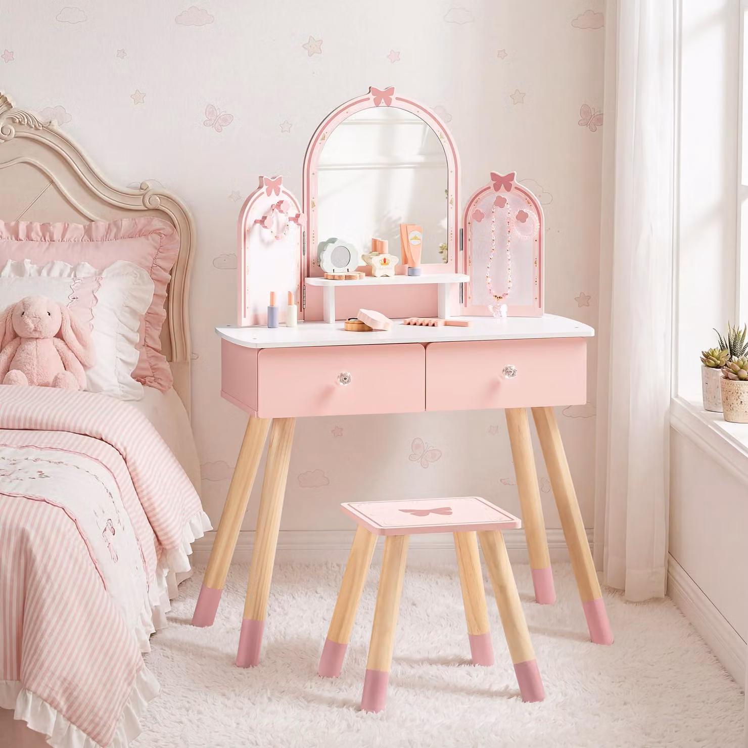 Tavolino da trucco per bambini ROBUD, in legno, con sgabello, specchio e accessori, colore rosa