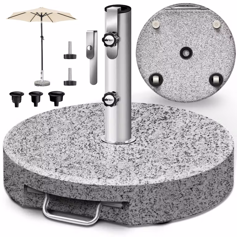 tillvex® Supporto per ombrellone in granito con rotelle e manico telescopico 27 kg Grigio - Rotondo | Supporto per ombrellone con tubo in acciaio inox | Supporto per ombrellone da balcone per pali dell'ombrellone da 16-48 mm e 300 cm di diametro dell'ombr