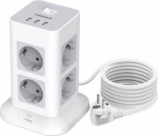 Multipresa a 8 prese con 3 porte USB, protezione da sovratensione, 3600 W, 16 A