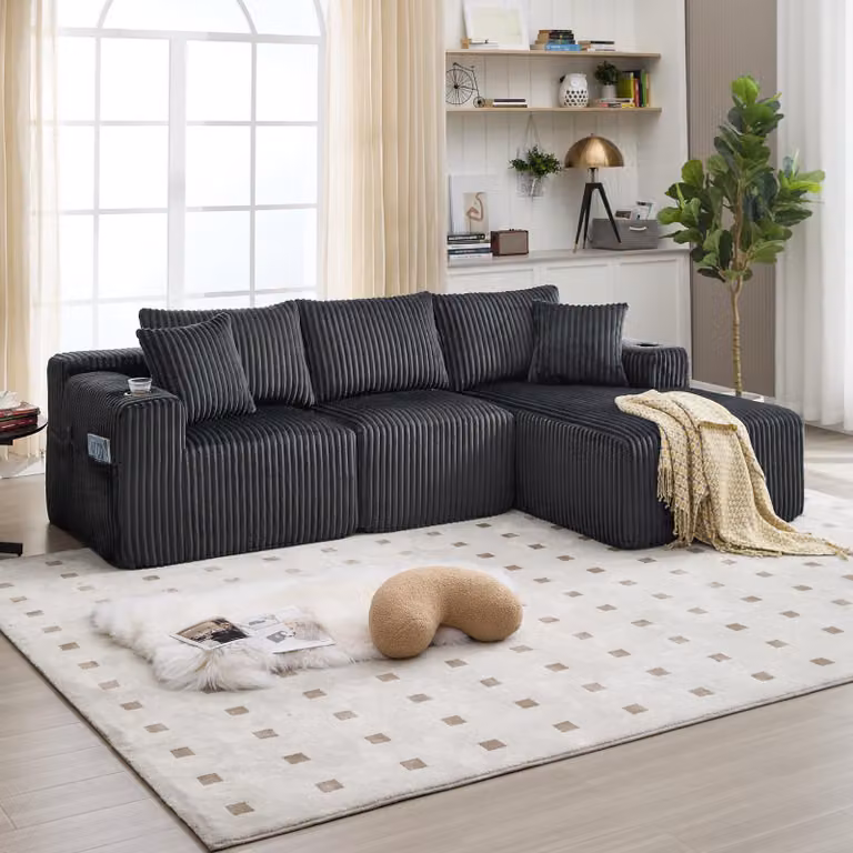 LVHOM Divano componibile con funzione letto, divano angolare con rivestimento in velluto a coste, 3 posti con cuscini, divano letto senza montaggio, divano lounge 257x80x160cm, grigio