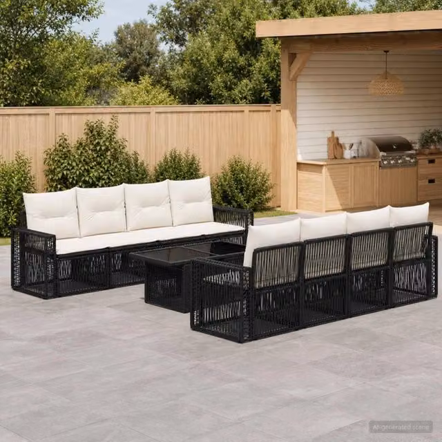 Set Divano da Giardino 9 pz Nero e Bianco Crema polyrattan 3436759