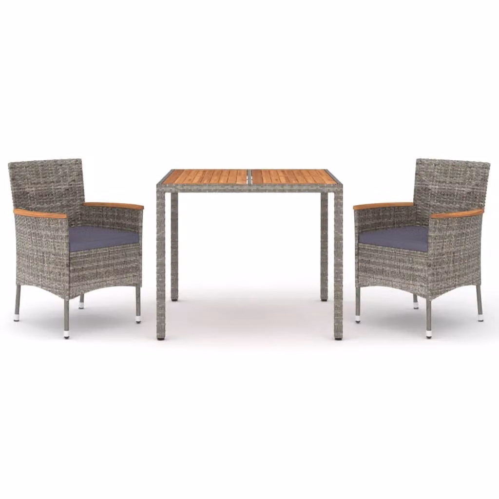 Set da Pranzo da Giardino 3 pz con Cuscini in Polyrattan Grigio