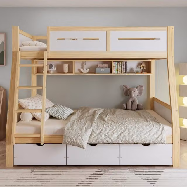 Letto a castello per bambini, 90x200 e 120x200 cm, 3 cassetti con ruote, espositore libri 2 m, pino/MDF/compensato, Bianco/Naturale