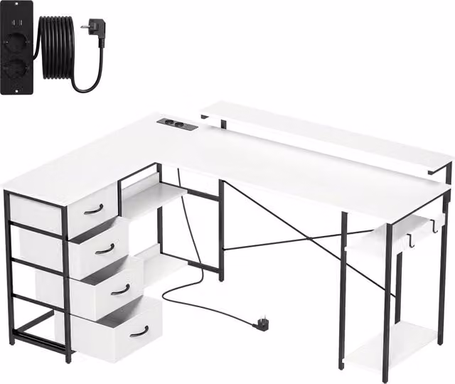 Scrivania Angolare Moderna GIORDANOSHOP con Altezza Regolabile, 4 Cassetti in Tessuto, Rialzo Monitor e 2 Ganci, Bianco e Nero, L 155 x P 112 x H 85,5-91,5 cm