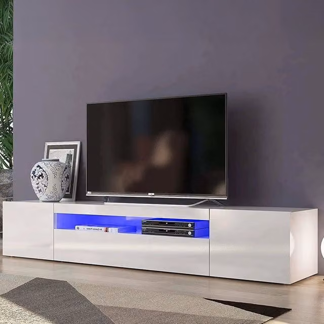 Mobile da soggiorno DMORA Porta Amore in bianco lucido con luce LED integrata, L: 200 cm, P: 40 cm, H: 37 cm