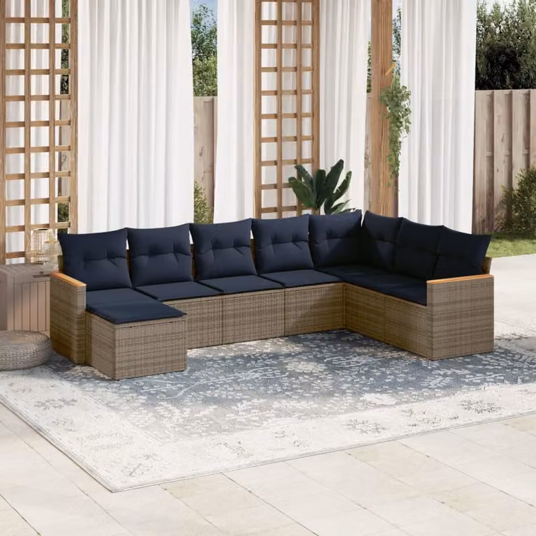 Set di divani da giardino vidaXL in rattan e metallo con cuscini grigi, composizione a L con 8 pezzi