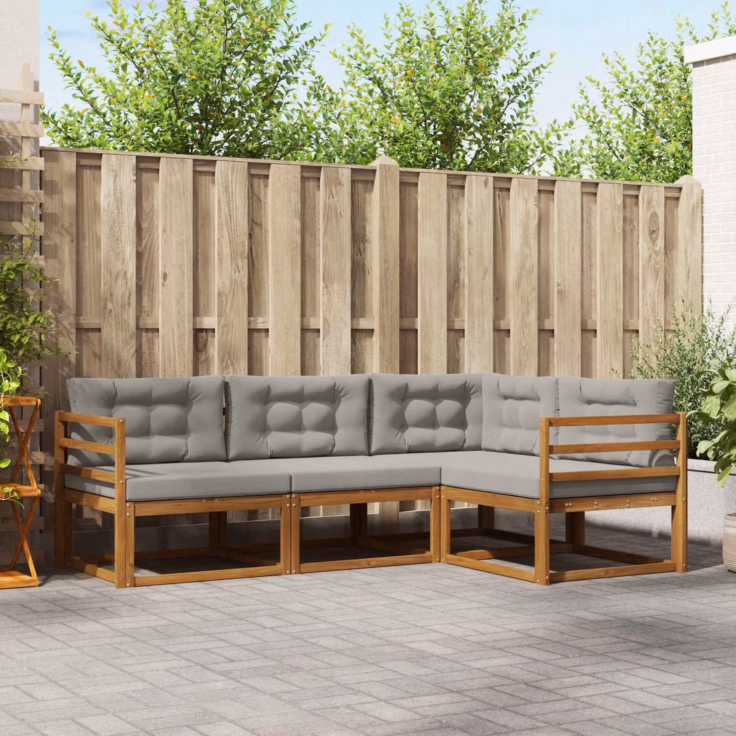 Set di divani da esterno vidaXL a forma di L in legno di acacia con cuscini, Grigio e Marrone