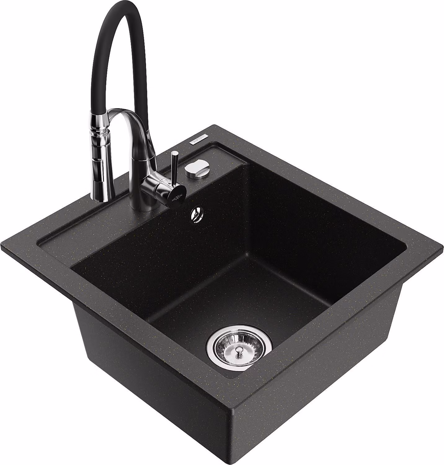 Mexen Vito lavello in granito a 1 vasca con rubinetto da cucina Aster, nero/oro metallizzato- 6503-75-73450-07