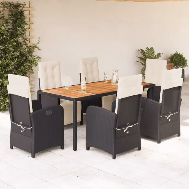 Set da Pranzo da Giardino 7 pz Nero con Cuscini in Polyrattan 3212472