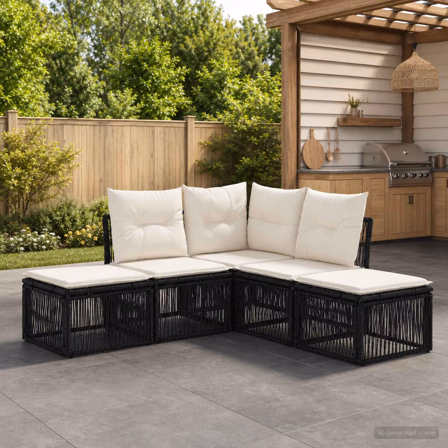 Set Divano da Giardino a L vidaXL in Polyrattan Nero con Cuscini Rimovibili e Struttura in Acciaio