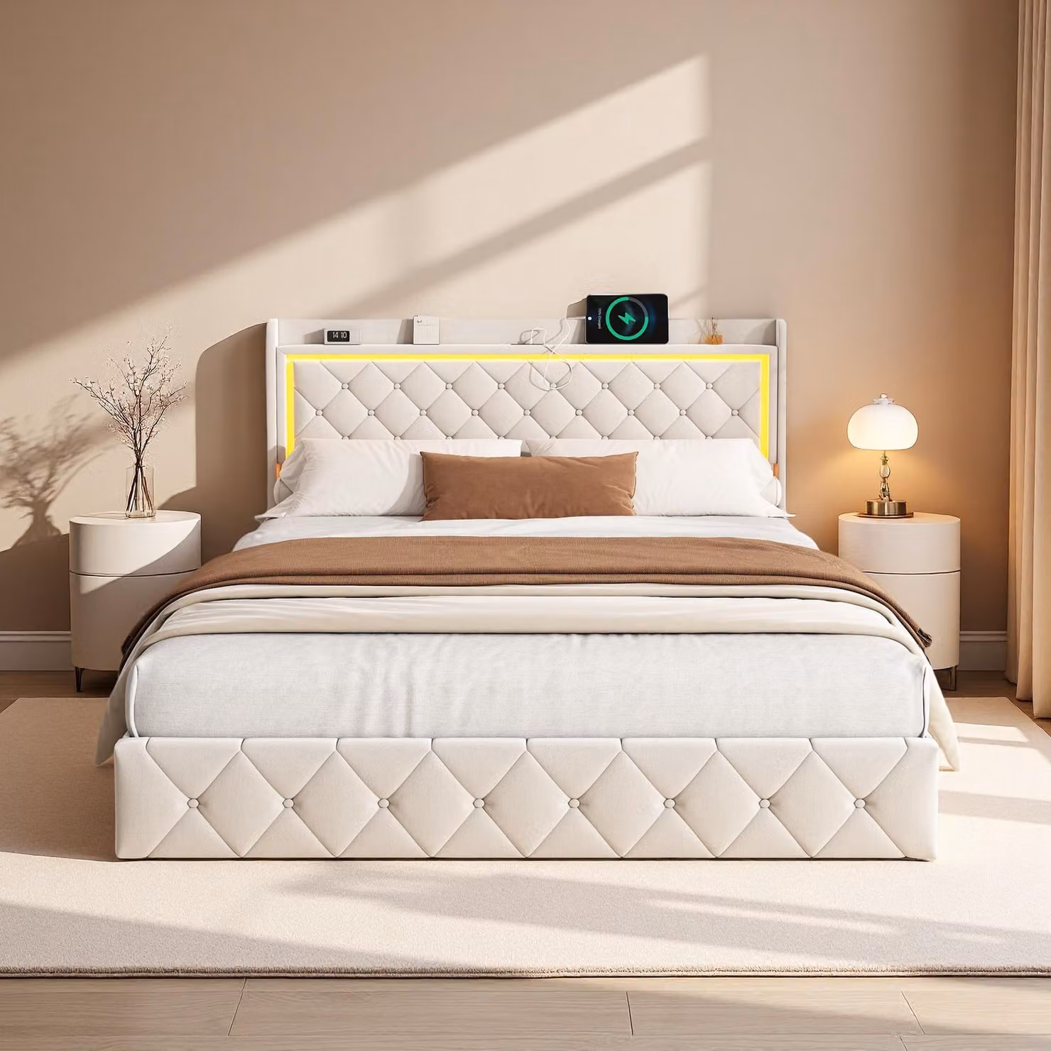 Letto imbottito ProximaX 140x200 cm beige con LED RGB e USB/Type-C, letto con vano contenitore e 4 cassetti, struttura letto matrimoniale in velluto
