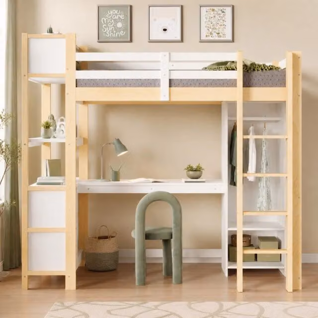 Letto a castello multifunzionale 90x200 cm con scrivania, armadio e scaffali, bianco/naturale, senza materasso
