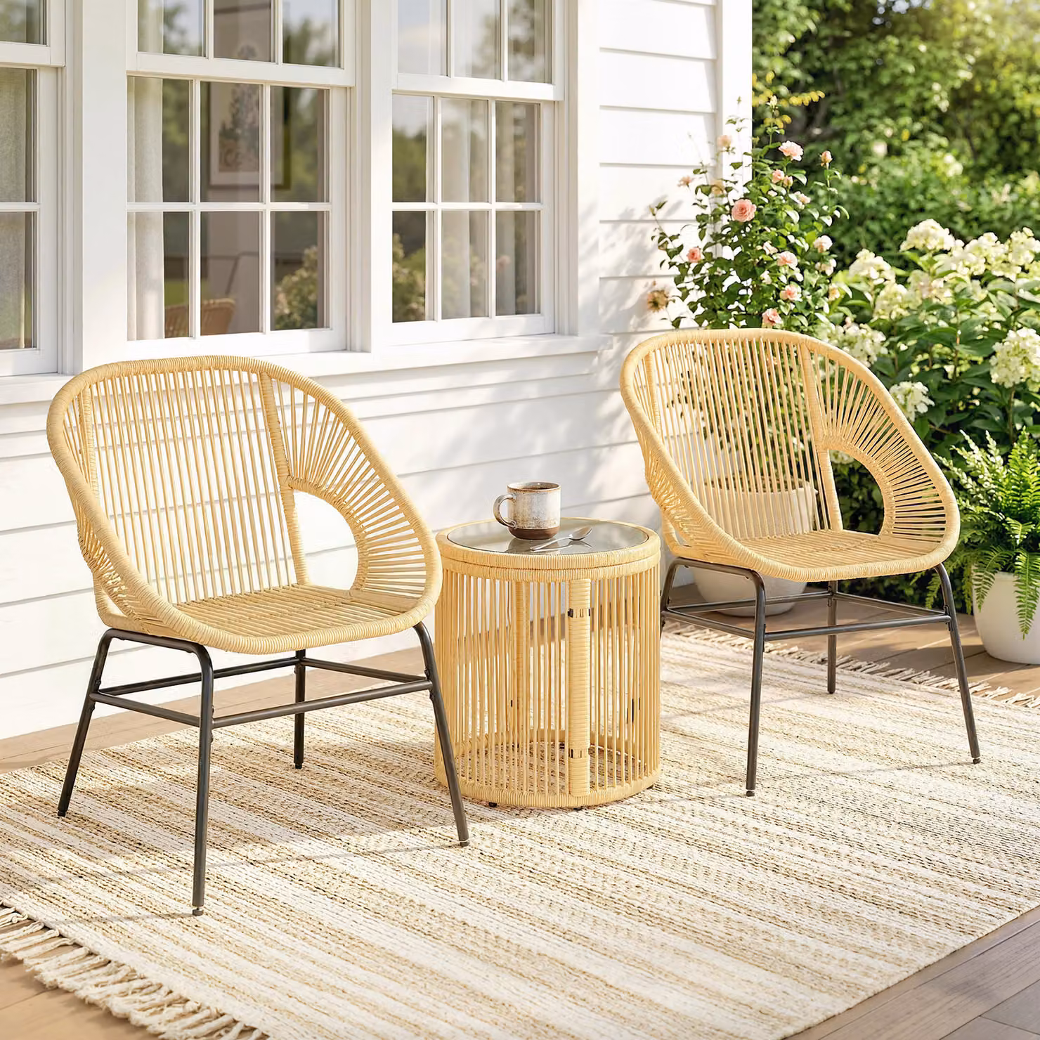 Set da bistrò Outsunny da 3 pezzi in rattan e acciaio con tavolo rotondo in vetro temperato e 2 sedie, beige – 2