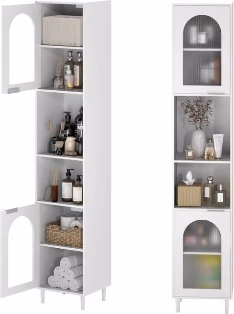 Armadio alto moderno bianco con 2 ante in vetro e ripiani regolabili per bagno, cucina o soggiorno