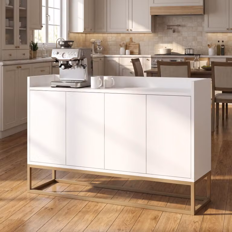 Comodino INONEFT con 4 ante, mobile contenitore laterale con ripiano regolabile e gambe in metallo, ideale per sala da pranzo, soggiorno o cucina - 120x30x80 cm, bianco