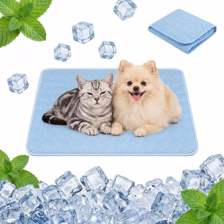 Tappetino refrigerante per cani, autorigenerante, 50x40 cm, blu, in cotone "seta di ghiaccio", lavabile