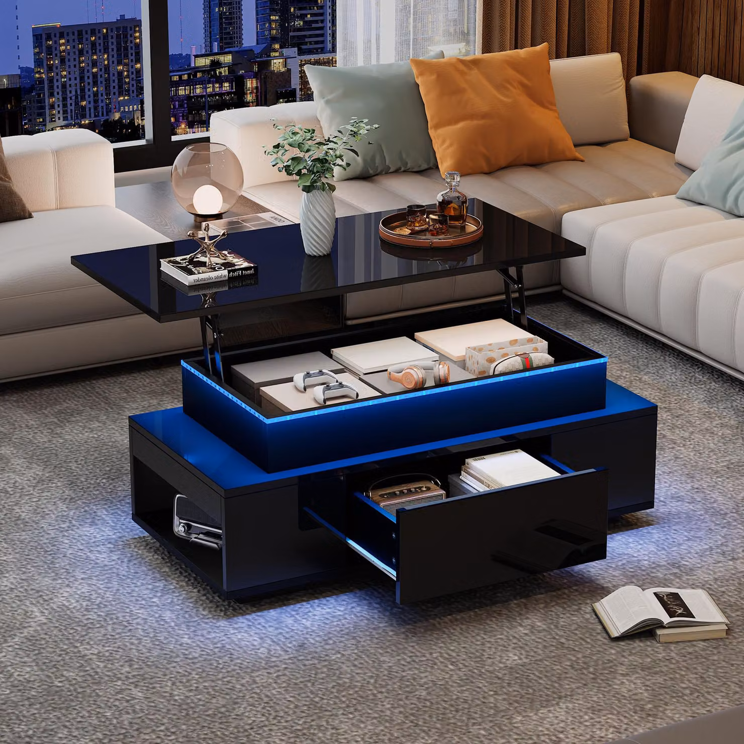 Tavolino da caffè STILVORA regolabile in altezza, tavolino con illuminazione a LED e cassetto, tavolino da divano con spazio di archiviazione nascosto per ufficio, studio e festa, nero