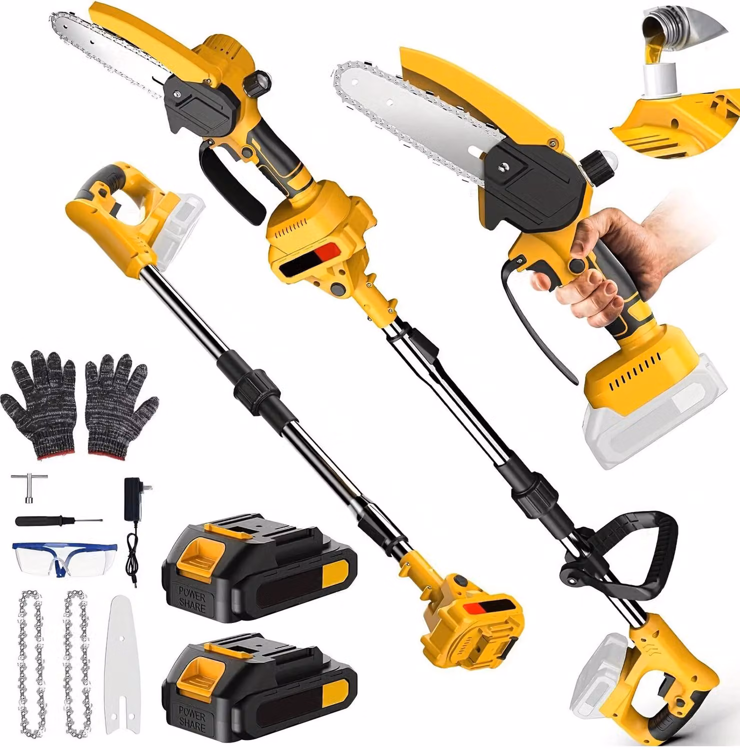Troncatrice a catena elettrica, senza spazzole, con asta telescopica, 21V, inclusa di 2 batterie