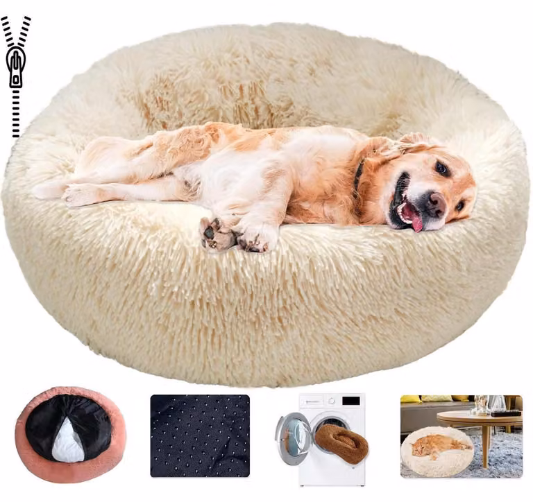 Cuccia per cani a forma di ciambella, nido rotondo, in peluche, lavabile, colore beige chiaro, dimensioni: 70 cm