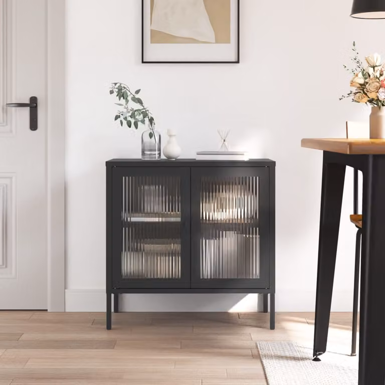 Credenza moderna vidaXL in vetro e acciaio nero, L/P/H: 70 x 35 x 70 cm