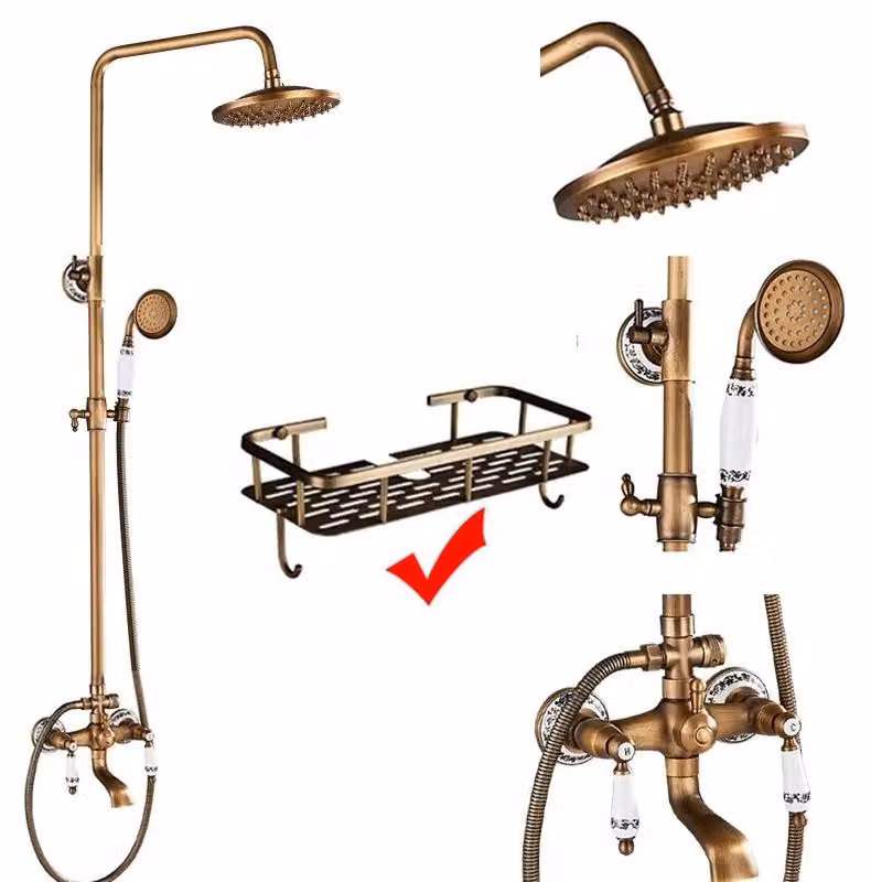 Set doccia in ottone anticato - Sistema doccia a pioggia classico - Doccetta a soffione da 20 cm - Miscelatore a due maniglie con doccetta a mano - Colonna regolabile in altezza da 70 a 120 cm - Con ripiano - Finitura in ottone anticato
