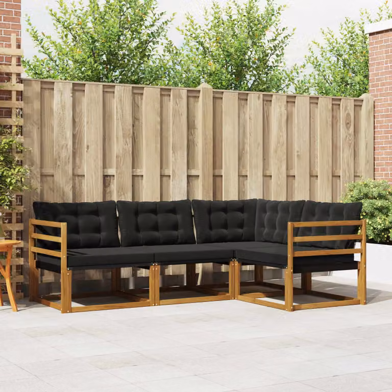 Set di divani da esterno vidaXL 4 pz in legno di acacia e textilene, composizione a L con cuscini inclusi, colore marrone e nero