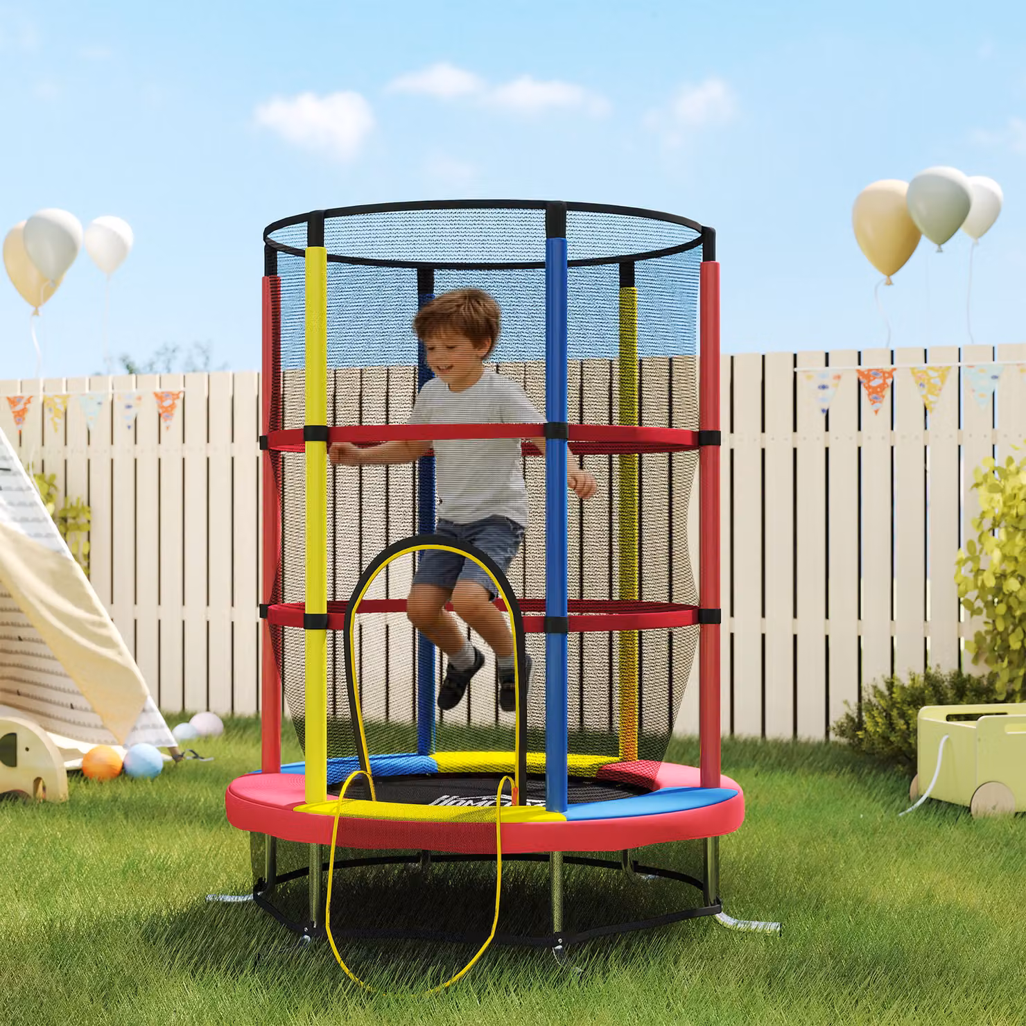 Trampolino per bambini HOMCOM con rete di sicurezza senza molle, multicolore, Ø 160 cm x H 190 cm – 2
