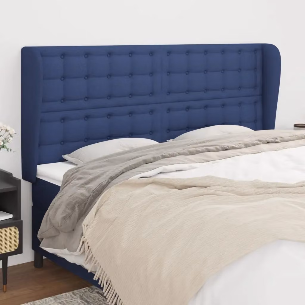 Testata del letto ad orecchio in tessuto blu con struttura in legno di larice L: 183 cm, P: 23 cm, H: 118/128 cm – 2