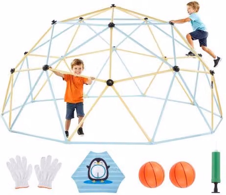 VEVOR Struttura da Arrampicata Geometrica con Cupola e Rete di Sicurezza, Parco Giochi per Bambini dai 3 ai 10 Anni, Blu e Giallo, Diametro: 305 cm