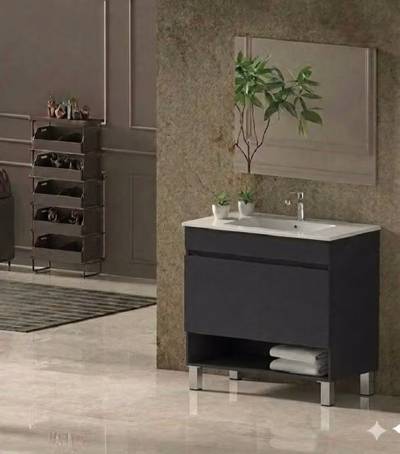Mobile Bagno NEBARI com gambe Già Montato 1 cassetto, lavabo e specchio Grafite 100x40 cm