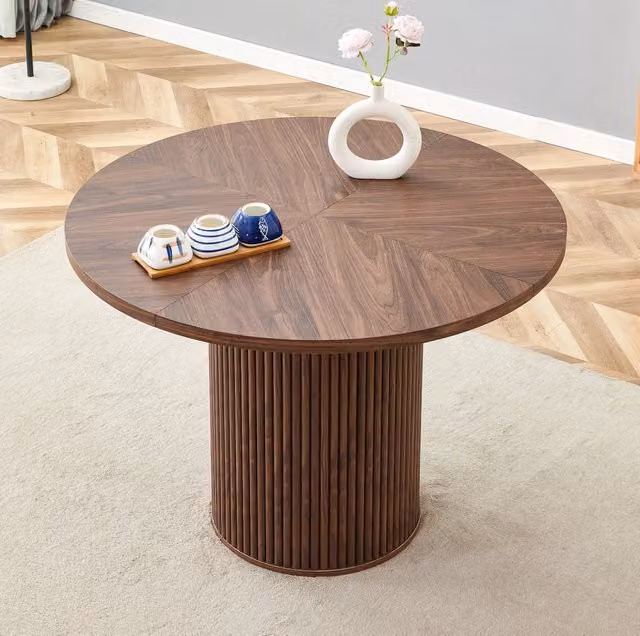 Tavolo da pranzo rotondo 100 cm in MDF effetto noce; con spazio contenitore nella base