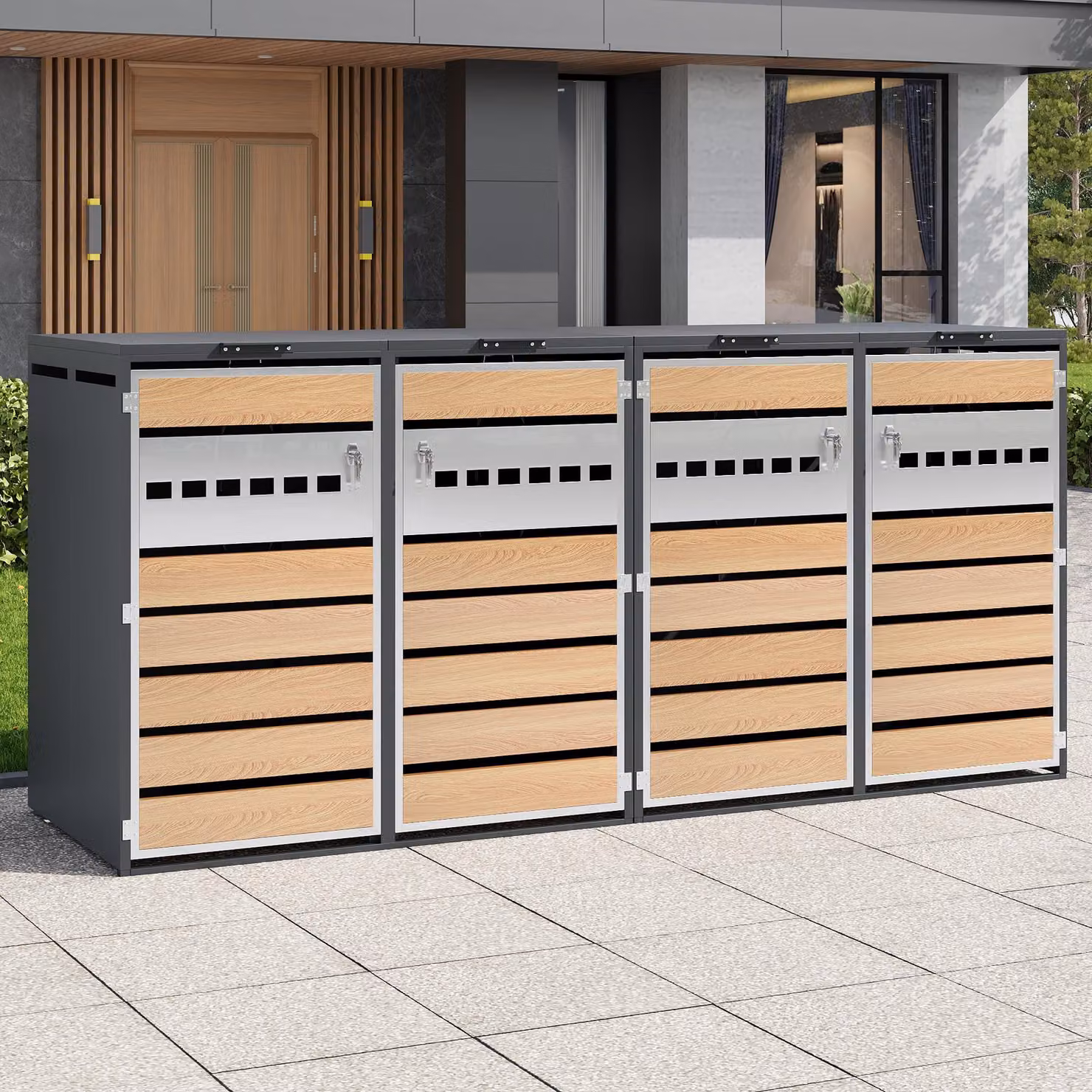 Box per bidoni GL Store con coperchio a ribalta idraulico, 4 scomparti e porte chiudibili a chiave, L: 264 cm, P: 80 cm, H: 118,5 cm, Grigio e Colore naturale – 2