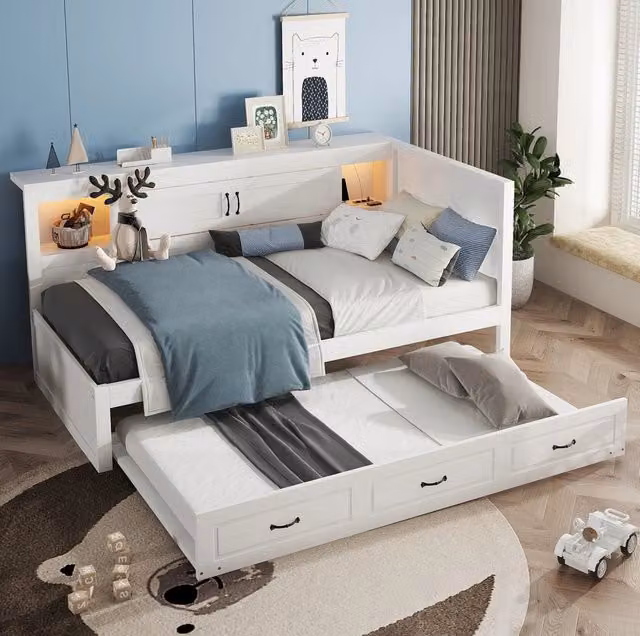 Letto singolo 90x200 cm con letto estraibile, LED, USB e vano contenitore bianco
