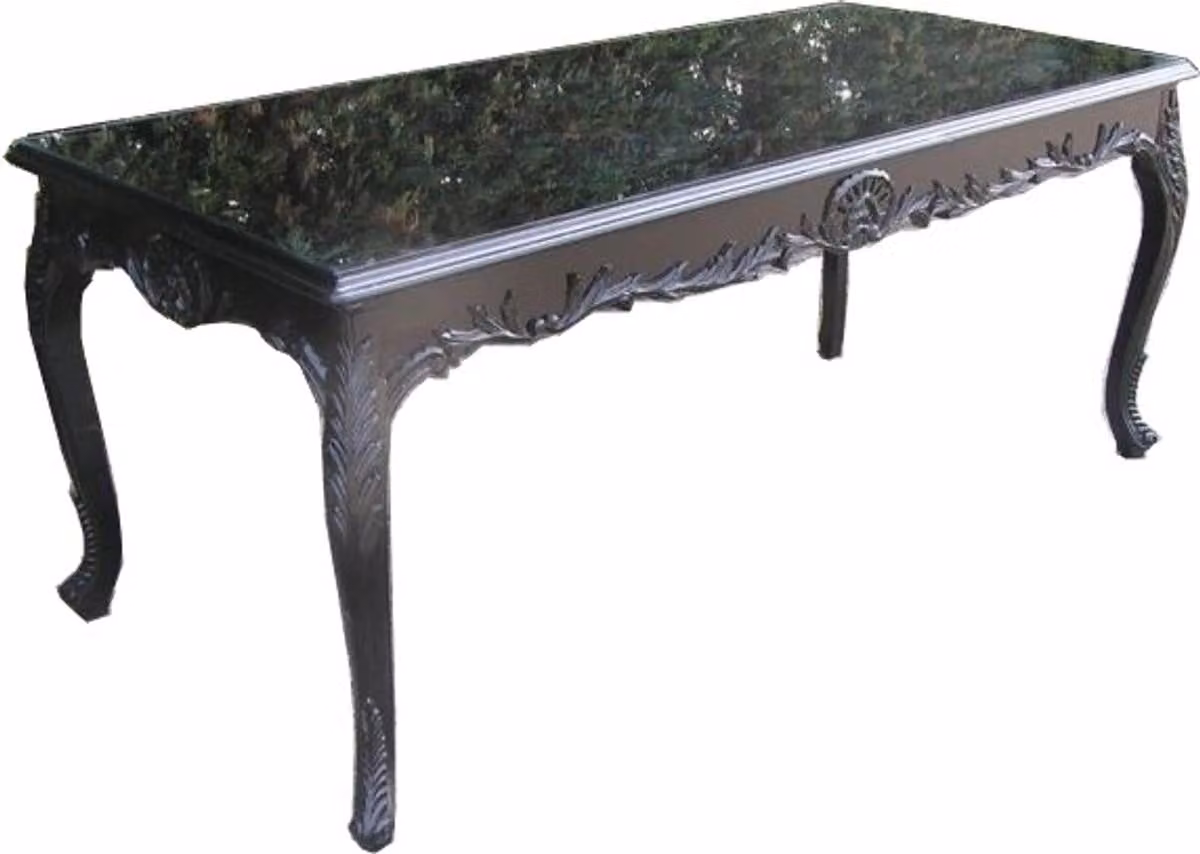Tavolo da pranzo Casa Padrino in stile barocco, design antico - Realizzato in legno massello, piano in vetro, colore nero, dimensioni 200 x 88 x 84 cm