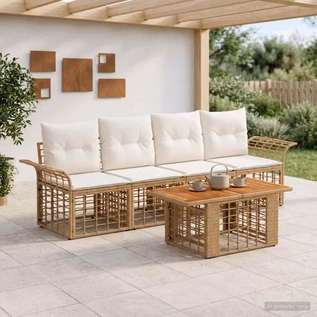 Set Divano da Giardino 5 pz Naturale e Bianco Crema polyrattan 3437946