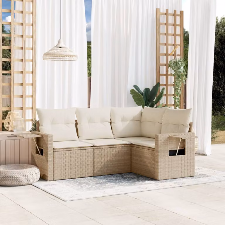 vidaXL Set Divano da Giardino a L 4 pz con Cuscini Beige e Tavolino in Polyrattan e Metallo