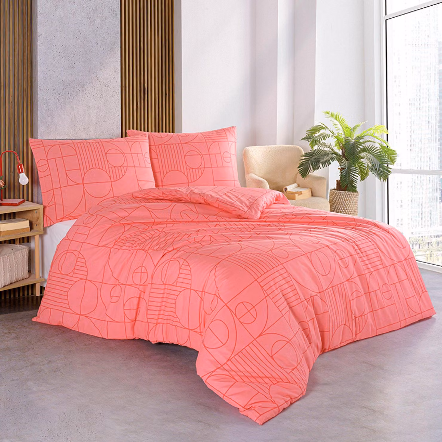 Biancheria da letto in cotone Geo Sunset Coral Dimensioni: 220x200 + 2x 70x90 cm