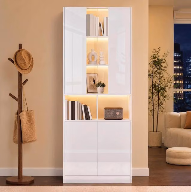 Armadio alto moderno bianco lucido con illuminazione LED integrata e controllo App L/P/H: 70 x 35 x 180 cm