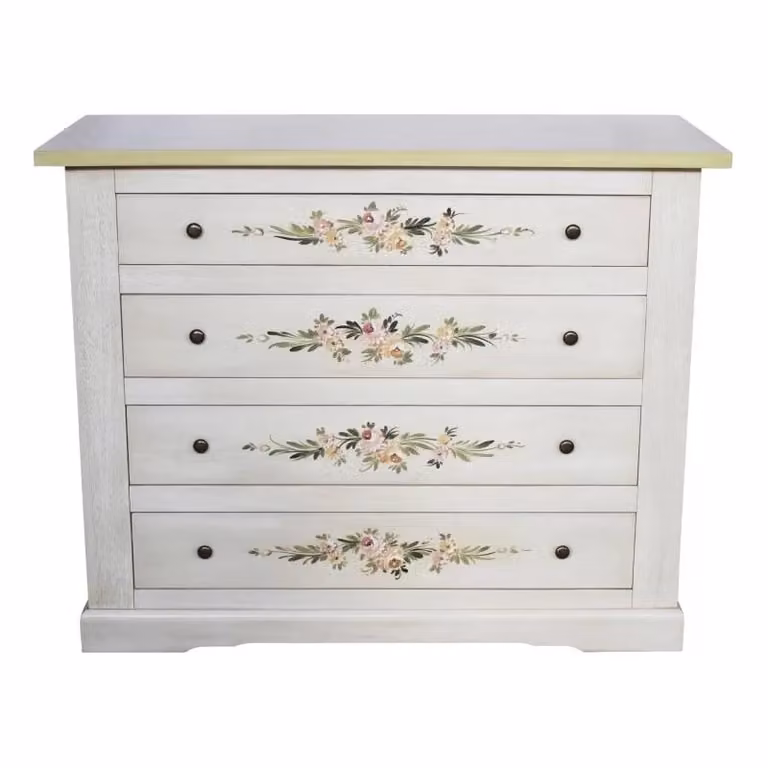 Cassettiera in legno shabby chic con 4 cassetti Mobili 2G bianco anticato e decori floreali verdi L: 115 cm, P: 50 cm, H: 90 cm