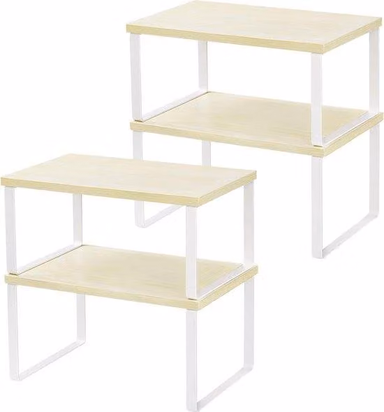 Set di 4 organizer per scaffali da cucina Famanu, in metallo e legno, espandibili e impilabili, color giallo chiaro e bianco