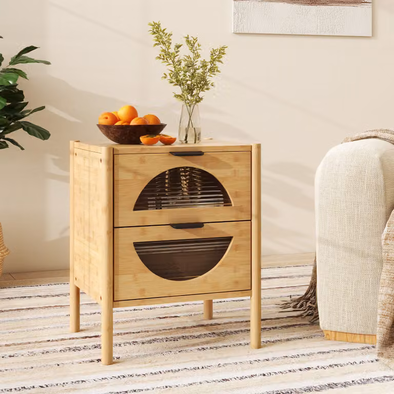Comodino Costway in bambù stile mid-century moderno con 2 cassetti e frontali in vetro temperato, tavolino laterale naturale per soggiorno e camera da letto