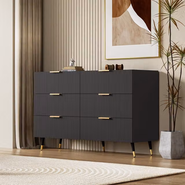 Credenza e madia con 6 cassetti, frontale ondulato e piedini dorati, per soggiorno, in truciolare nero, 120 × 40 × 77 cm